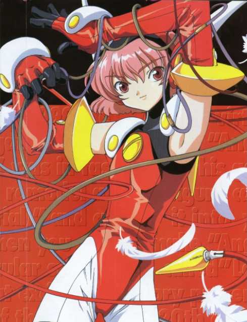1girl angelic_layer clamp elbow_gloves gloves hikaru_(angelic_layer) jpeg_artifacts official_art pink_hair red_eyes short_hair solo