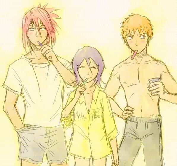 1girl 2boys ^_^ abarai_renji belt bleach blush boxers breasts brushing_teeth cleavage closed_eyes cowboy_shot cup hair_between_eyes hand_in_pocket hand_on_hip holding kuchiki_rukia kurosaki_ichigo long_hair looking_away midriff morning mouth_hold multiple_boys navel no_pants orange_eyes orange_hair oversized_clothes oversized_shirt pajamas pants ponytail purple_hair redhead shirt shirtless short_hair shorts simple_background small_breasts smile standing sweatpants t-shirt tattoo toothbrush topless underwear yellow_background yellow_shirt