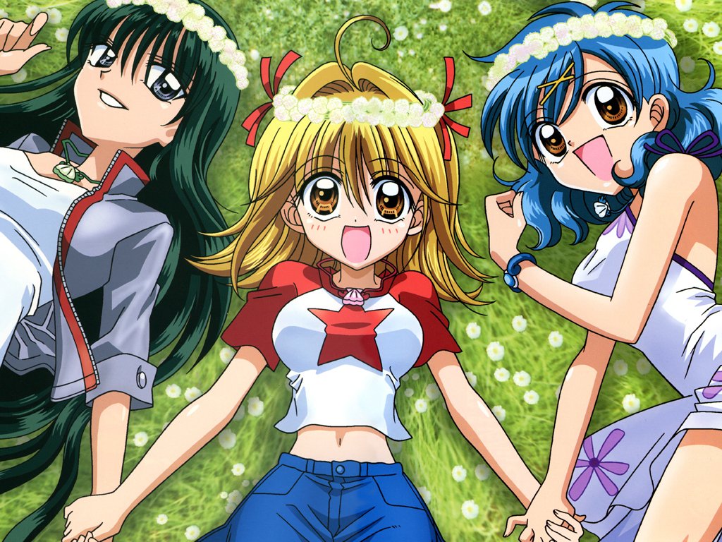 00s 3girls circle_formation crown everyone flower head_wreath houshou_hanon makida_kazuaki mermaid_melody_pichi_pichi_pitch midriff multiple_girls nanami_lucia navel touin_rina