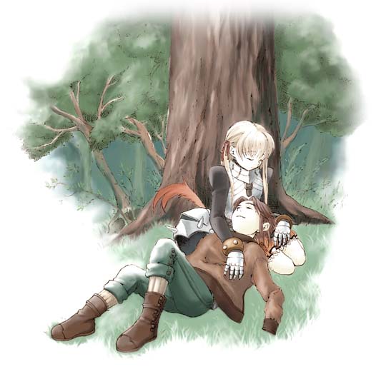 1boy 1girl against_tree blonde_hair boots breastplate brown_hair cecile_(suikoden) closed_eyes coat couple feathers forest gauntlets gensou_suikoden gensou_suikoden_iii headwear_removed helmet hetero kazune lap_pillow lying nature outdoors peaceful sleeping smile thomas_(suikoden) tree twintails