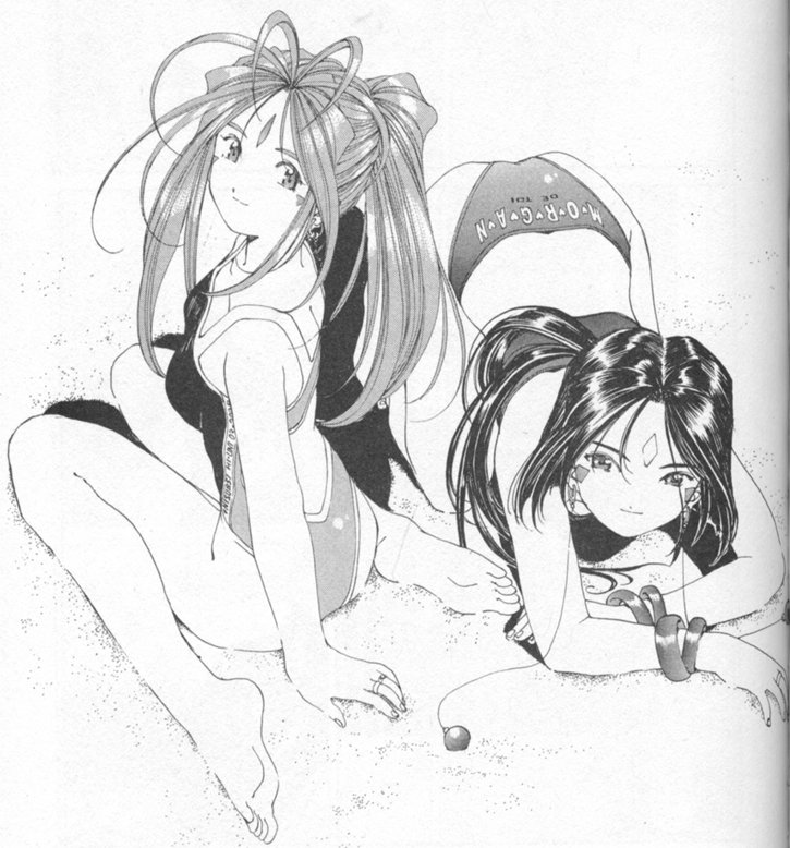 2girls 90s aa_megami-sama all_fours ass bangle barefoot belldandy bracelet breasts casual_one-piece_swimsuit crease earrings facial_mark feet forehead_mark fujishima_kousuke goddess jewelry long_hair looking_at_viewer looking_back monochrome multiple_girls one-piece_swimsuit peorth peorth_(child) ponytail ring scan short_hair sitting smile swimsuit top-down_bottom-up wariza