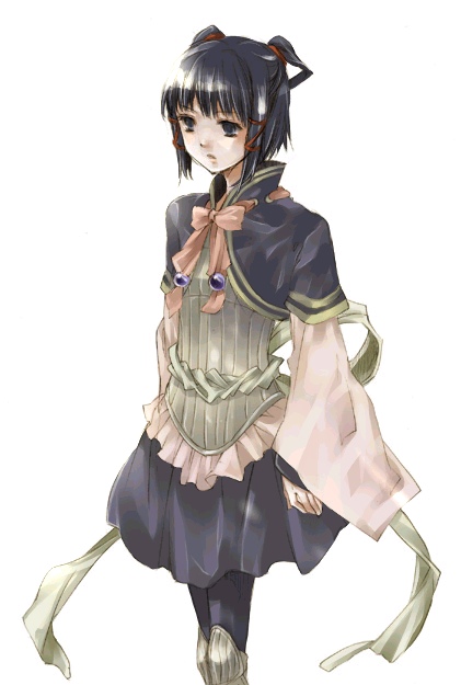 1girl black_hair blue_eyes bow bowtie brooch capelet expressionless gensou_suikoden gensou_suikoden_v jewelry knee_pads long_sleeves lyon parted_lips pink_bow ribbon short_hair simple_background skirt solo standing white_background
