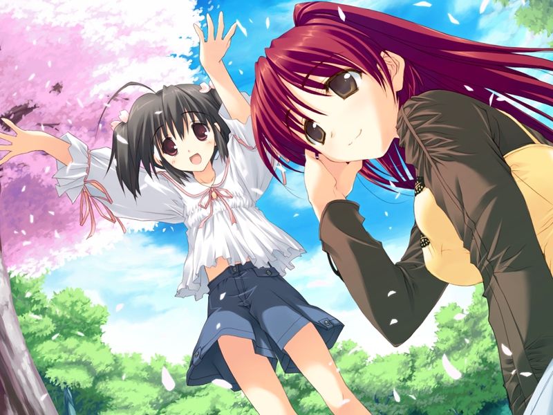 2girls adjusting_hair ahoge blouse brown_hair cherry_blossoms dress dutch_angle jumper kousaka_tamaki long_hair looking_away multiple_girls outdoors outstretched_arms pinafore_dress redhead short_hair shorts sky smile to_heart_2 tree twintails yuzuhara_konomi