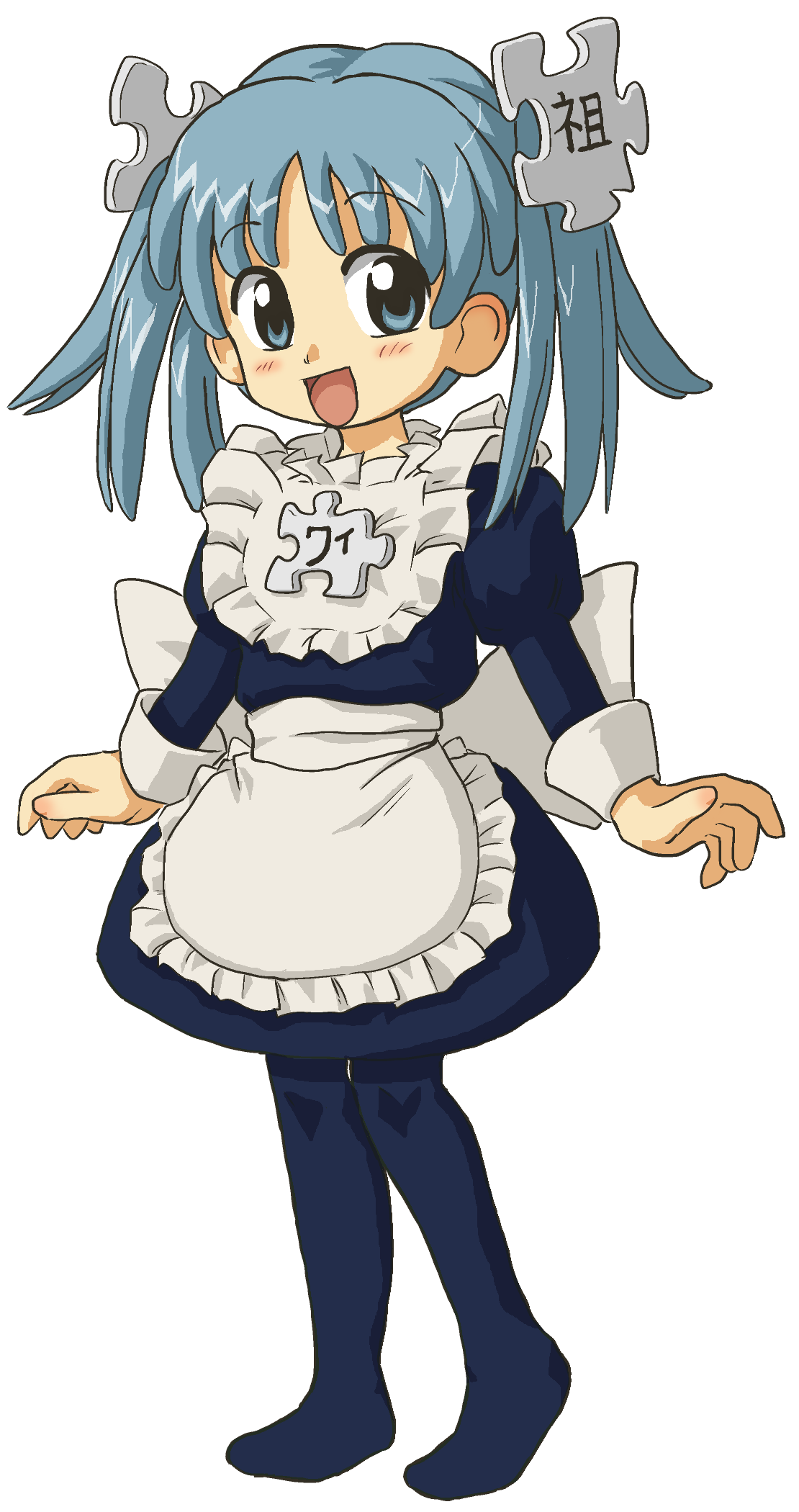 1girl :d blue_eyes blue_hair blue_legwear blush full_body highres jigsaw_puzzle kasuga39 leggings maid open_mouth pantyhose puzzle smile solo transparent_background wikipe-tan wikipedia