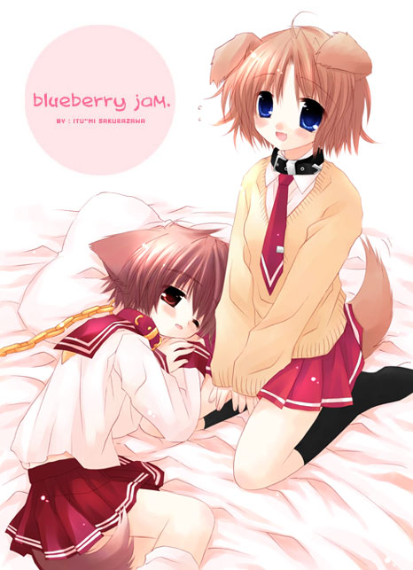 2girls :d ahoge animal_ears bed blonde_hair blue_eyes blueberry_jam blush chains child collar dog_ears dog_tail fang flat_chest footwear from_above hinata_(pure_pure) lap_pillow leash lying multiple_girls necktie official_art on_side one_eye_closed open_mouth pillow pink_hair pleated_skirt pure_pure red_eyes sachi sakurazawa_izumi school_uniform seiza serafuku short_hair sitting skirt smile socks sweat tail tail_wagging