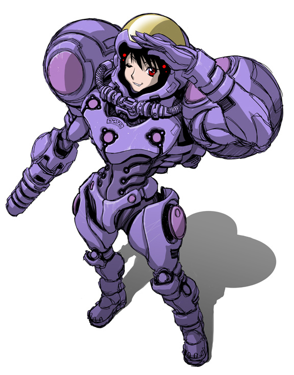 1girl altcolor alternate_color arm_cannon armor bangs black_hair from_above full_armor girlpower gravity_suit grin gun helmet koutarou looking_at_viewer metroid nintendo one_eye_closed power_armor red_eyes samus_aran science_fiction shading_eyes shadow simple_background sketch smile solo standing weapon