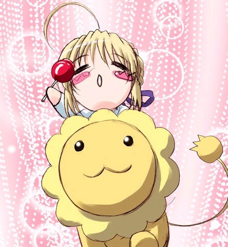 blonde_hair chibi fate/stay_night fate_(series) lion lowres mister_donut pon_de_lion q-gaku riding saber