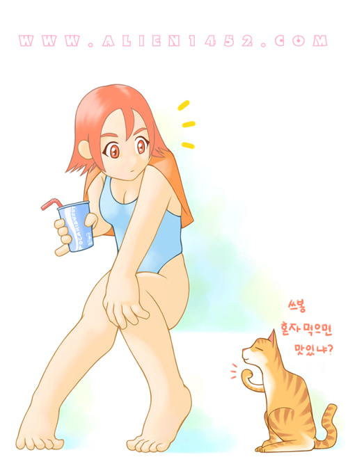 /\/\/\ 1girl alien1452 bad_anatomy bad_feet bad_hands barefoot cat drinking_straw feet one-piece_swimsuit pinky_out pocari_sweat poorly_drawn red_eyes redhead short_hair sitting solo straw swimsuit towel