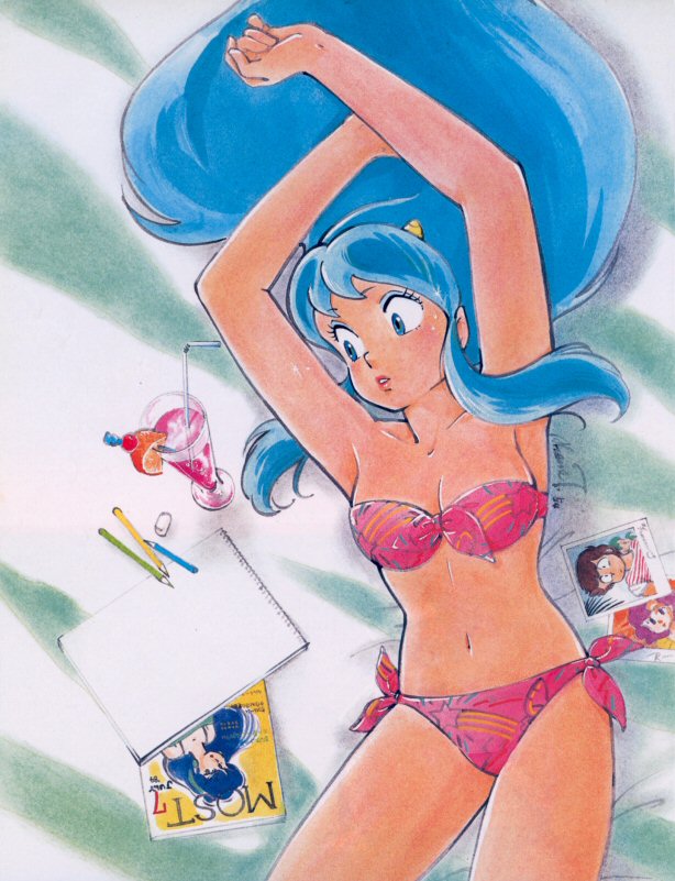 1girl 80s armpits bikini drink eyeshadow lum makeup moroboshi_ataru oldschool pink_bikini ran_(urusei_yatsura) solo straw swimsuit takada_akemi urusei_yatsura