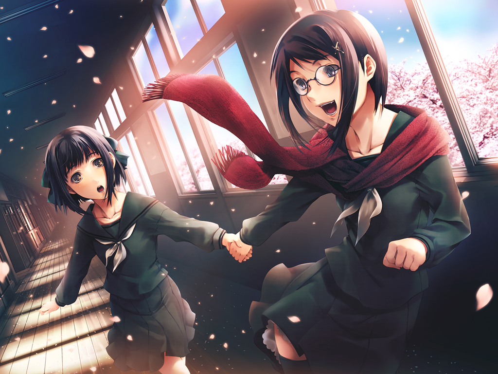 2girls black_eyes black_hair bow cartagra cherry_blossoms dutch_angle glasses hair_bow hair_ornament hairclip hallway hand_holding hatsune_(cartagra) multiple_girls open_mouth original petals red_scarf running scarf school school_uniform serafuku short_hair simosi skirt takashiro_nana thigh-highs wallpaper walpurgisnacht window zettai_ryouiki