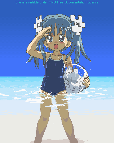 1girl aliasing alternate_costume arm_up ball bangs barefoot beach beachball blue_eyes blue_hair blue_sky blue_swimsuit blush child competition_school_swimsuit english flat_chest happy holding jigsaw_puzzle kasuga39 long_hair looking_at_viewer lowres ocean oekaki one-piece_swimsuit outdoors parted_bangs pixel_art puzzle salute school_swimsuit shadow sky solo standing swimsuit transparent twintails wading water wet wet_hair wikipe-tan wikipedia
