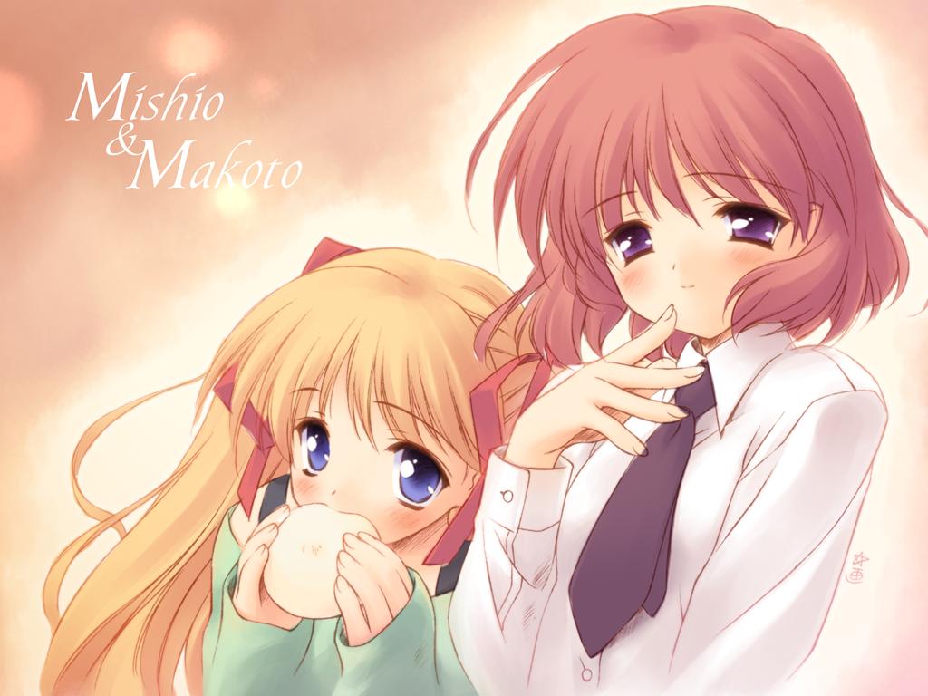 2girls amano_mishio baozi blonde_hair blue_eyes blush brown_hair character_name collared_shirt eating finger_to_mouth food gayarou hair_ribbon holding holding_food kanon long_sleeves looking_at_viewer multiple_girls necktie pink_hair purple_hair ribbon sawatari_makoto shirt smile upper_body violet_eyes wallpaper white_shirt