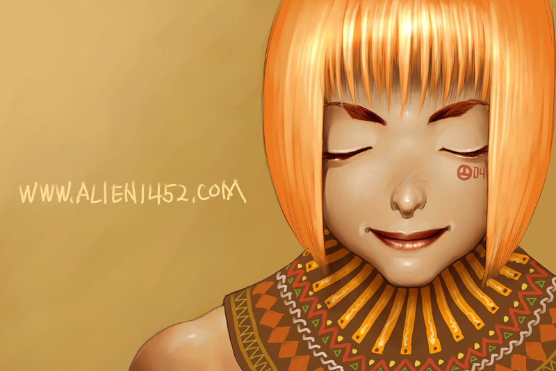 1girl african alien1452 closed_eyes collar egyptian jewelry lips lipstick makeup orange_hair short_hair solo