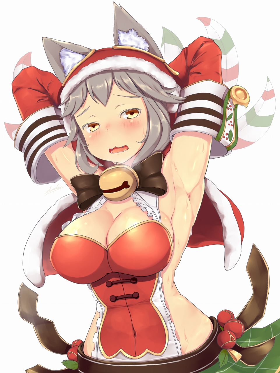 1girl :3 animal_ears armpits blush breasts christmas claw_(weapon) claws collar gloves granblue_fantasy heart heart-shaped_pupils highres large_breasts long_hair looking_at_viewer open_mouth sen_(granblue_fantasy) shinoshinosp silver_hair simple_background skirt solo sweat symbol-shaped_pupils weapon white_background