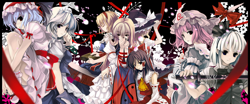 6+girls alice_margatroid apron arm_garter ascot bare_shoulders black_dress black_nails blonde_hair book bow braid brown_eyes brown_hair closed_eyes cradle_(artist) cravat detached_sleeves dress female fetal_position floral_print flower frilled_dress frills hair_tubes hakurei_reimu hands_together hat hat_bow izayoi_sakuya katana kirisame_marisa konpaku_youmu looking_at_viewer maid maid_apron maid_headdress misaki_kurehito mob_cap multiple_girls nail_polish petals pink_dress pink_eyes pink_hair puffy_short_sleeves puffy_sleeves red_bow remilia_scarlet ribbon-trimmed_sleeves ribbon_trim saigyouji_yuyuko scabbard sheath sheathed short_sleeves silver_hair smile sword team_shanghai_alice touhou triangular_headpiece twin_braids waist_apron weapon white_dress widescreen witch_hat yakumo_yukari