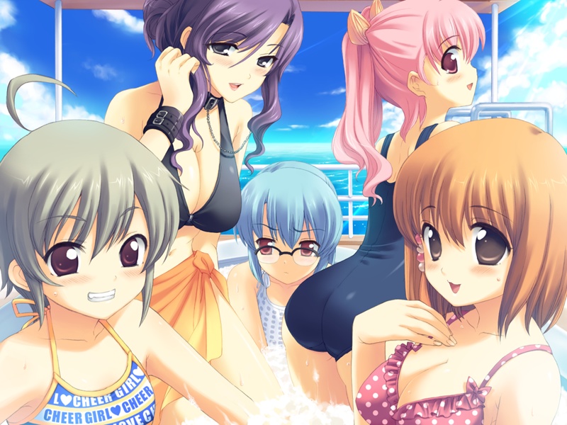 5girls ahoge ass ayanobe_tamami bath bikini blue_hair blush boat breast_envy breasts choker cleavage collar everyone frown game_cg glasses grin katagiri_megumi kouzuki_chihaya kusari large_breasts leaning_forward looking_back multiple_girls ocean ohara_tometa orange_hair orihara_akeno orihara_shino pink_eyes pink_hair polka_dot polka_dot_bikini purple_hair sakura_koharu smile swimsuit watercraft wristband