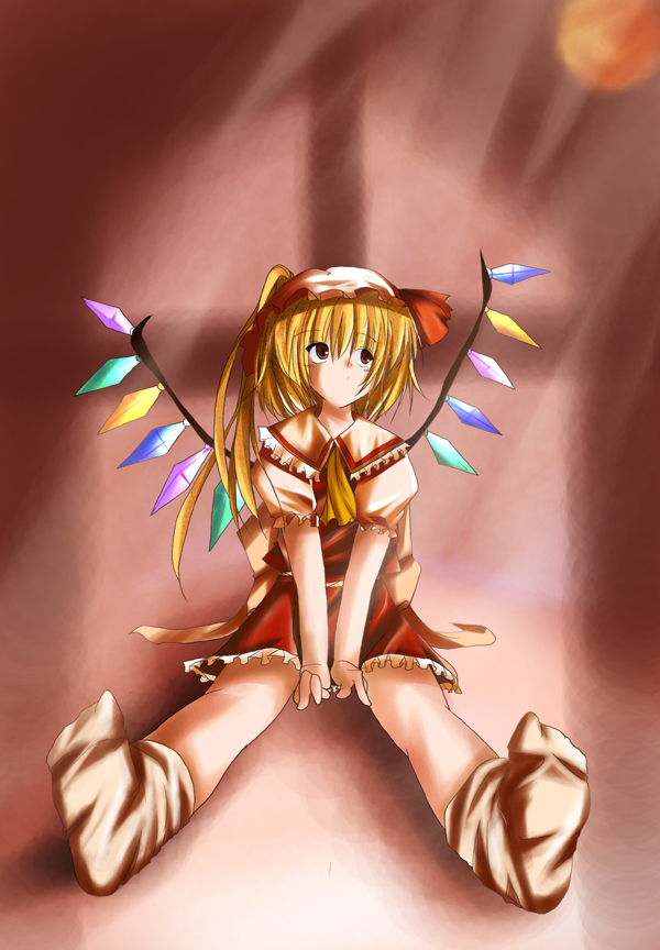 1girl ascot blonde_hair brown_eyes expressionless female flandre_scarlet footwear frills hat long_hair moon necktie pink_background red_eyes red_moon red_skirt side_ponytail sitting skirt socks solo touhou v_arms wings