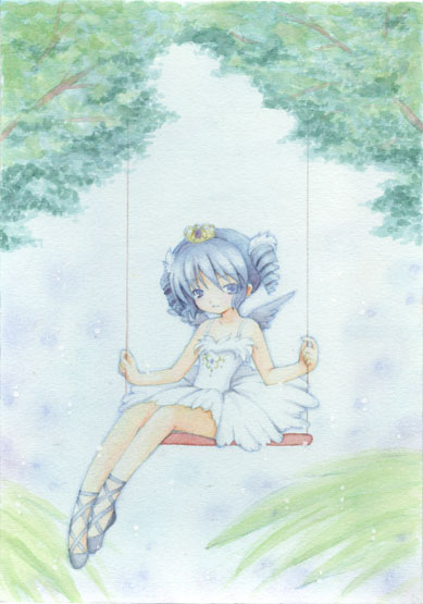 00s 1girl aizawa_mint ballet_slippers blue_eyes blue_hair crown drill_hair magical_girl mew_mint sandals shoe_ribbon short_hair short_twintails solo swing tokyo_mew_mew tutu twintails wings