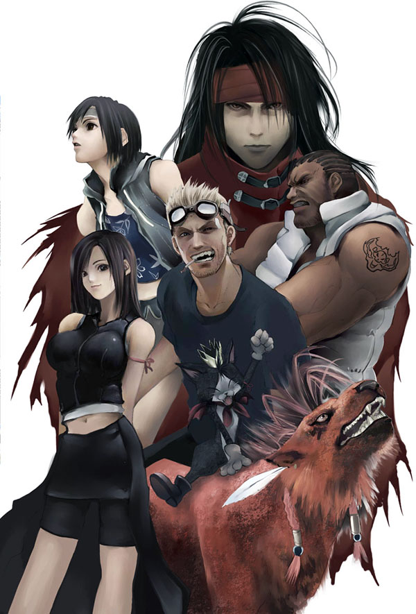 2girls 3boys arms_behind_back bare_shoulders barret_wallace black_hair blonde_hair breasts cait_sith cid_highwind cigarette clenched_teeth cornrows everyone final_fantasy final_fantasy_vii final_fantasy_vii_advent_children goggles goggles_on_head headband lips long_hair monster multiple_boys multiple_girls navel parted_lips red_xiii sharp_teeth shihira_tatsuya shorts_under_skirt simple_background smile tank_top tattoo teeth tifa_lockhart vincent_valentine white_background yuffie_kisaragi