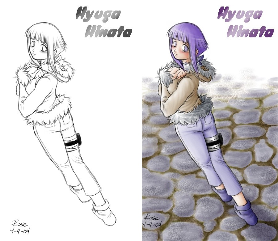 1girl artist_request ass blush character_name colored comparison dated denim from_behind hands_on_own_chest hyuuga_hinata jeans looking_at_viewer looking_back monochrome naruto pants parka signature thigh_strap walking