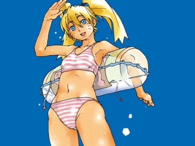 1girl bikini blonde_hair blue_eyes genderswap genderswap_(mtf) lowres naruko naruto solo striped striped_bikini swimsuit twintails uzumaki_naruto