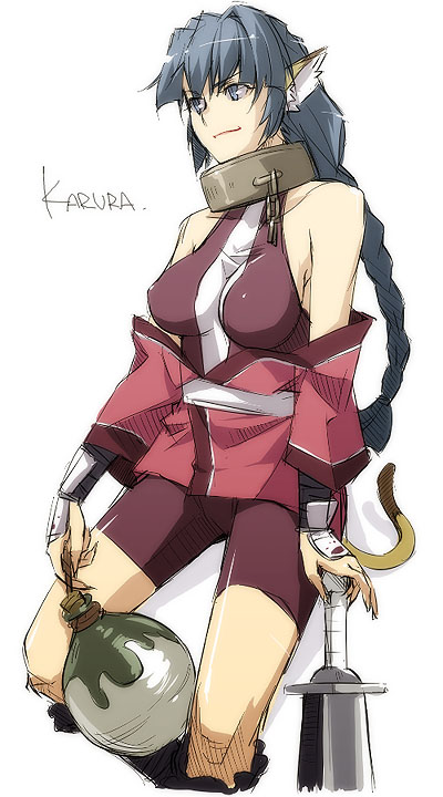1girl animal_ears arm_guards bandage bangs bare_shoulders bdsm blue_eyes blue_hair bodysuit bondage bound breasts cat_ears chains character_name collar face halterneck hand_on_hilt holding impossible_clothes japanese_clothes jug karura_(utawareru_mono) kimono kyo_(kuroichigo) large_breasts light_smile long_hair looking_to_the_side off_shoulder planted_sword planted_weapon ponytail rope sash short_kimono simple_background sketch slave smile solo sword tail turtleneck unitard utawareru_mono very_long_hair weapon white_background