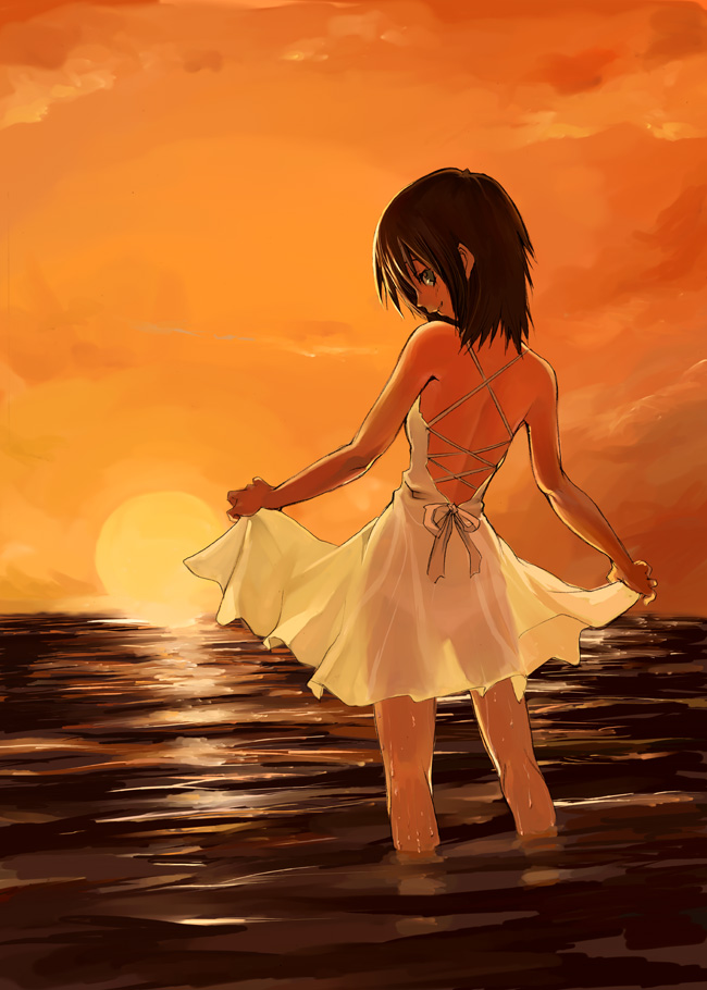 1girl brown_hair dress ocean original see-through_silhouette shihira_tatsuya short_hair silhouette solo sunset water wet