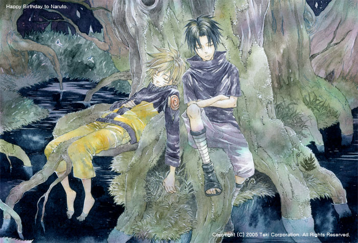 00s 2005 2boys artist_request happy_birthday male_focus multiple_boys naruto sleeping tree uchiha_sasuke uzumaki_naruto whisker_markings