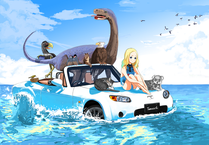 1girl animal bird blonde_hair car cat clouds dinosaur dog eagle ground_vehicle mazda motor_vehicle nest ocean one-piece_swimsuit sitting sky squirrel swimsuit vehicle water what