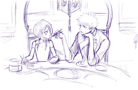 1boy 1girl bleach chair china_dress chinese_clothes chopsticks couple dress eating feeding food hetero holding kuchiki_rukia kurosaki_ichigo lowres monochrome plate purple short_hair sitting sketch table