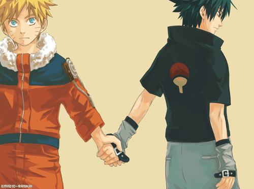 10rankai 2boys crest family_crest hand_holding lowres male_focus multiple_boys naruto simple_background standing uchiha_sasuke uzumaki_naruto whisker_markings yaoi