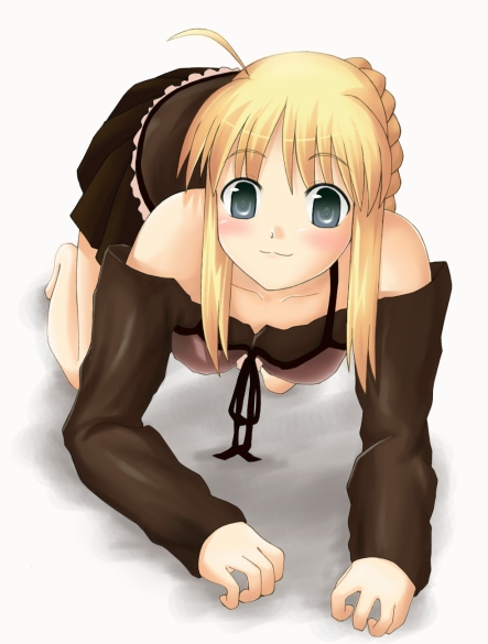 1girl ahoge all_fours bare_shoulders barefoot blonde_hair braid brown_shirt collarbone fate/stay_night fate_(series) full_body green_eyes long_sleeves off_shoulder saber shirt short_hair smile solo