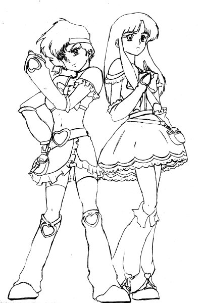 2girls 80s boots cosplay cure_black cure_black_(cosplay) cure_white cure_white_(cosplay) dirty_pair futari_wa_precure kei_(dirty_pair) knee_boots magical_girl midriff monochrome multiple_girls oldschool parody precure trait_connection yuri_(dirty_pair)