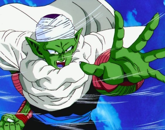 1boy alien cape dragon_ball dragonball_z green_skin male_focus outdoors piccolo pointy_ears screencap shoulder_pads solo turban wind