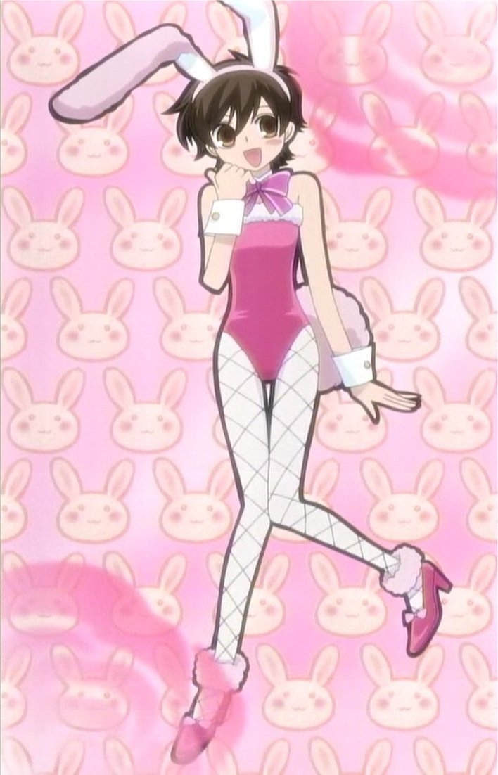 1girl animal_ears blush bunny_girl bunnysuit fujioka_haruhi jpeg_artifacts ouran_high_school_host_club pantyhose smile solo tail