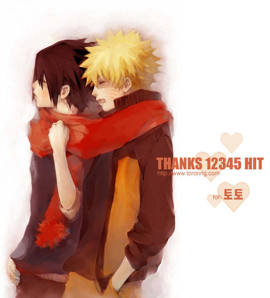 2boys artist_request black_hair blonde_hair closed_eyes gradient gradient_background hands_in_pockets heart jacket long_sleeves male_focus multiple_boys naruto red_scarf scarf shared_scarf short_hair spiky_hair sweater thank_you uchiha_sasuke upper_body uzumaki_naruto whisker_markings white_background yaoi