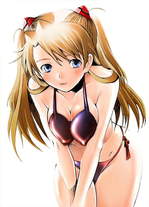 1girl :3 bikini breast_squeeze breasts cleavage erect_nipples medium_breasts neon_genesis_evangelion sakai_hamachi solo souryuu_asuka_langley swimsuit thighs