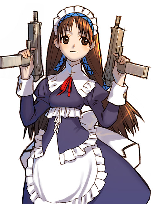 brown_eyes brown_hair combat_maid dual_wielding gun hands_on_hips long_hair mac-10 maid maidfuku_to_kikanjuu sakamoto_mineji simple_series submachine_gun the_maid-fuku_to_kikanjuu weapon