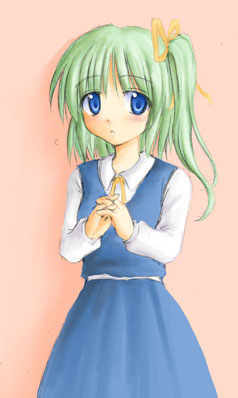 1girl blue_dress blue_eyes blush daiyousei dress female green_hair hair_ribbon hands_clasped lowres neck_ribbon no_wings ribbon side_ponytail solo the_embodiment_of_scarlet_devil touhou yellow_ribbon