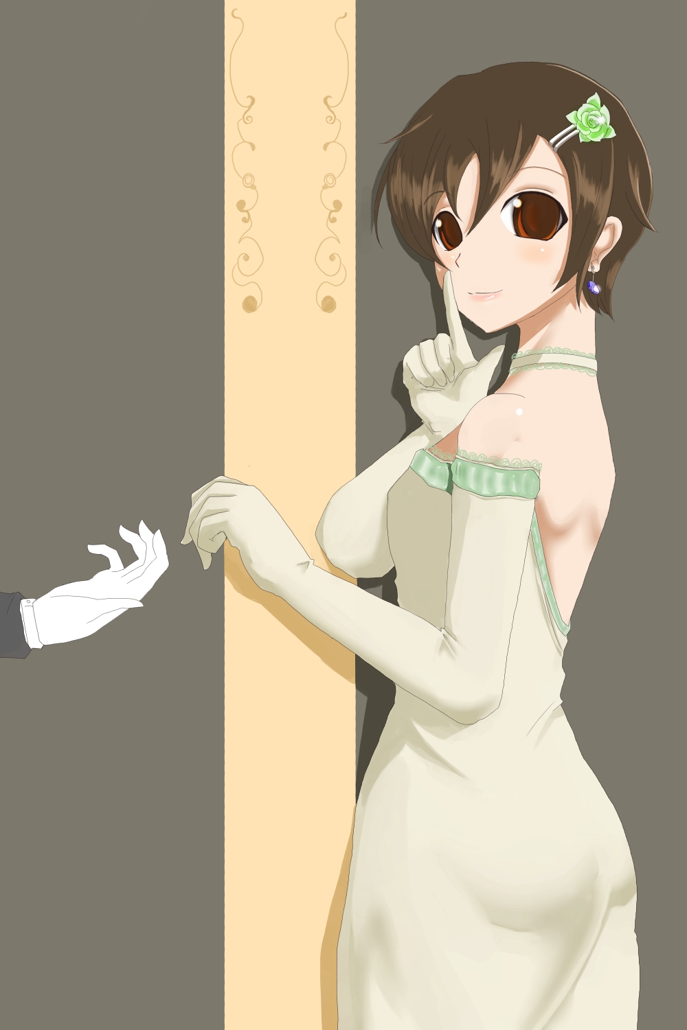 1boy 1girl breasts brown_eyes brown_hair choker dress earrings elbow_gloves evening_gown finger_to_mouth fujioka_haruhi gloves hair_ornament hairclip hairpin highres jewelry looking_at_viewer looking_back ouran_high_school_host_club petite red_eyes small_breasts solo_focus
