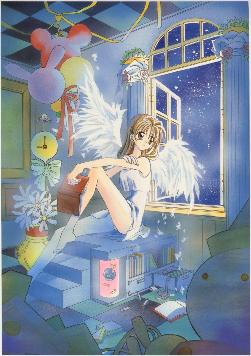 1girl 90s angel angel_wings book brown_hair checkered checkered_floor dress floor highres kamikaze_kaitou_jeanne kusakabe_maron night night_sky official_art perspective scan skirt sky solo tanemura_arina toy traditional_media white_skirt window wings