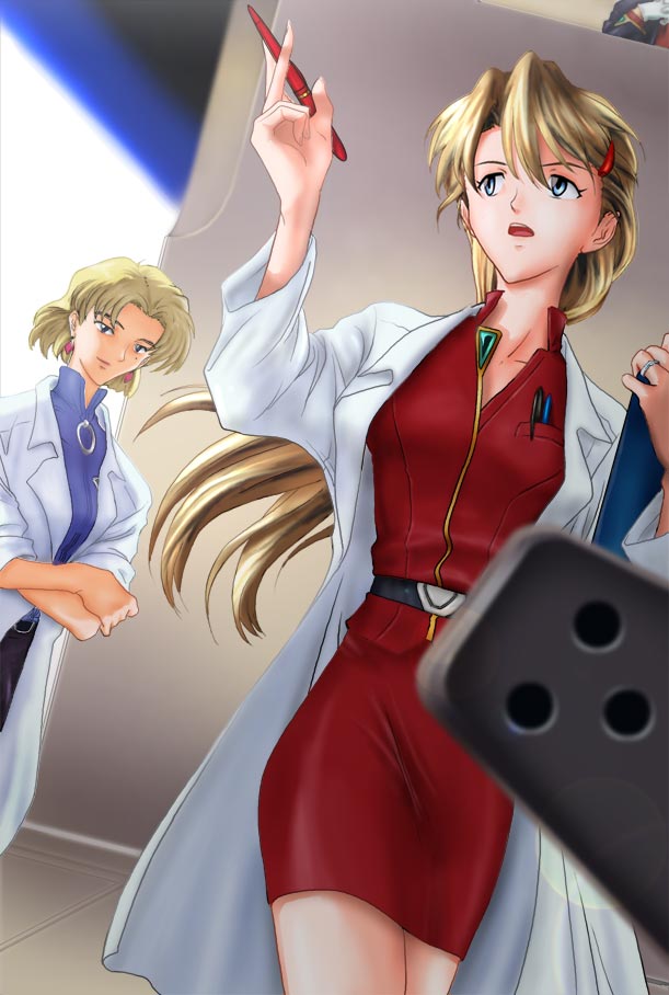 2girls akagi_ritsuko blonde_hair blue_eyes hair_ornament hairclip labcoat meguro_fukuzou multiple_girls neon_genesis_evangelion older pencil_skirt skirt souryuu_asuka_langley