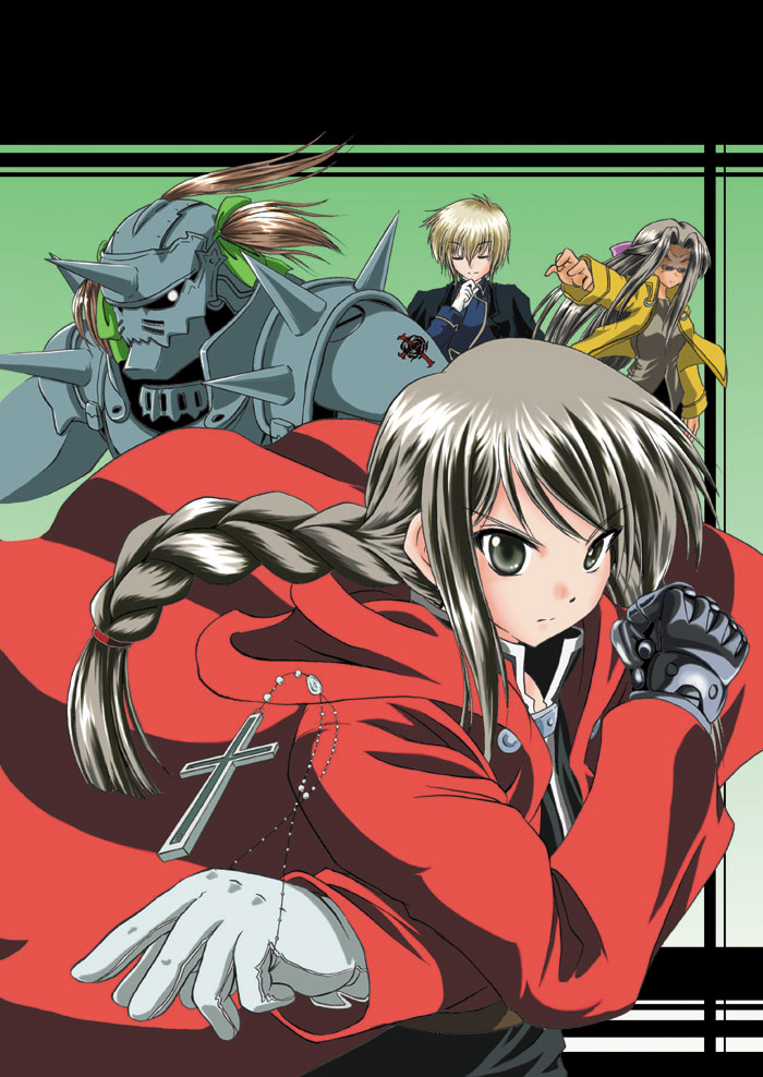 4girls alphonse_elric alphonse_elric_(cosplay) armor braid brown_eyes brown_hair closed_eyes cosplay cross cross_necklace crossed_arms crossover edward_elric edward_elric_(cosplay) fukuzawa_yumi fullmetal_alchemist glasses gloves hand_on_own_chin hosokawa_kanako jacket jewelry long_sleeves maria-sama_ga_miteru multiple_girls necklace outstretched_arm parody ponytail roy_mustang roy_mustang_(cosplay) satou_sei scar_(fma) scar_(fma)_(cosplay) shimazu_yoshino single_braid spikes twintails white_gloves