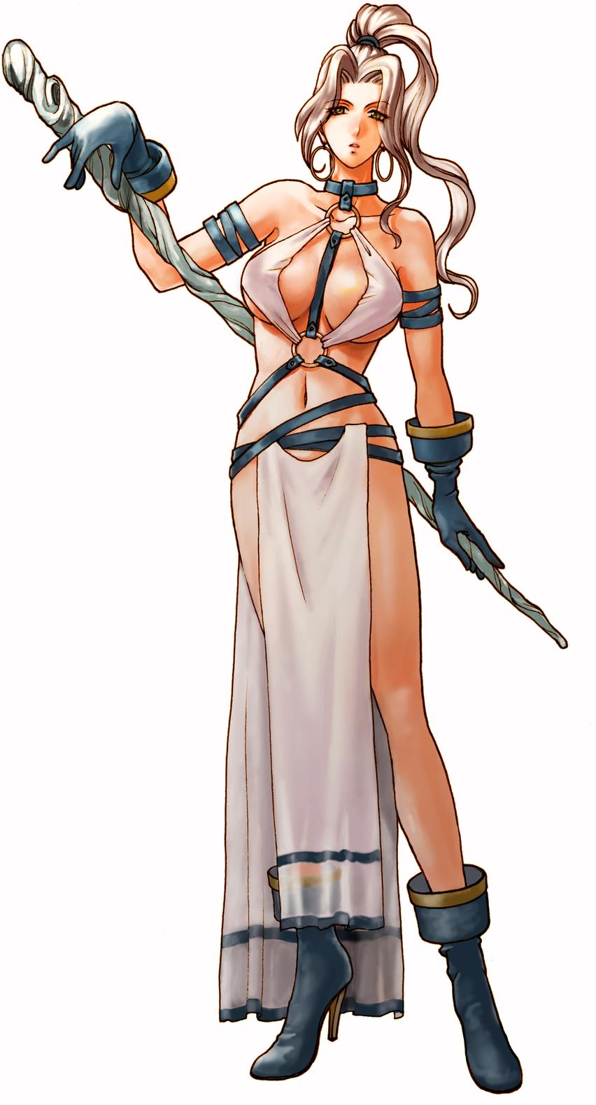 1girl ankle_boots bare_shoulders between_breasts boots breasts choker cleavage dress earrings female full_body gensou_suikoden gensou_suikoden_iv gloves green_eyes high_heels high_ponytail highres hoop_earrings jeane jewelry kawano_junko large_breasts legs loincloth long_hair long_legs midriff navel no_bra official_art open_mouth parted_bangs parted_lips pelvic_curtain ponytail revealing_clothes see-through shoes silver_hair simple_background slender_waist solo staff standing strap thighs under_boob wavy_hair white_background white_dress