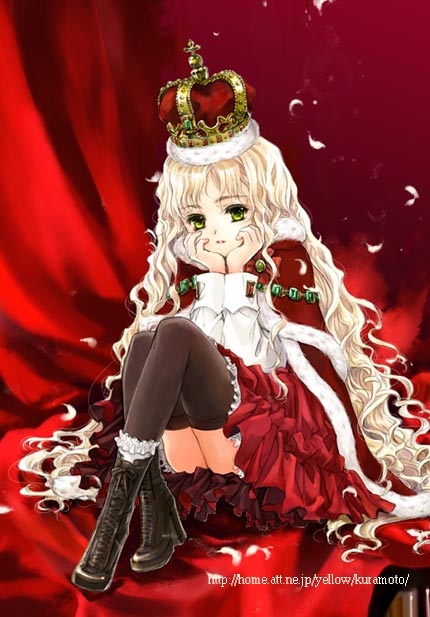 00s 1girl 2006 bed blonde_hair boots cape chin_rest crown feathers female green_eyes hat high_heel_boots high_heels jewelry kuramoto_kaya long_hair looking_at_viewer red sitting skirt solo thigh-highs very_long_hair watermark wavy_hair web_address