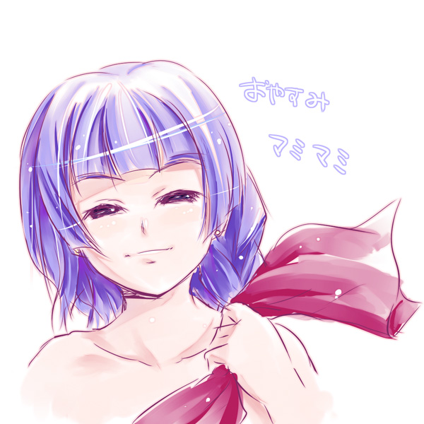 1girl ^_^ blush closed_eyes collarbone earrings goodnight holding jewelry mamiina purple_hair short_hair simoun simple_background smile solo topless upper_body white_background