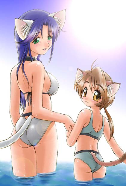 2girls :3 age_difference animal_ears ass back bikini blue_hair brown_hair cat_ears cat_tail ebifly from_behind green_eyes long_hair looking_at_viewer looking_back multiple_girls swimsuit tail wading water yellow_eyes