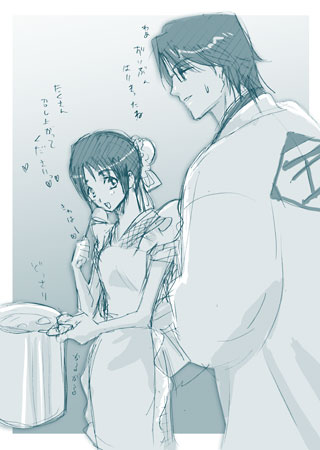 1boy 1girl aizen_sousuke bleach blue haori hinamori_momo japanese_clothes lowres monochrome