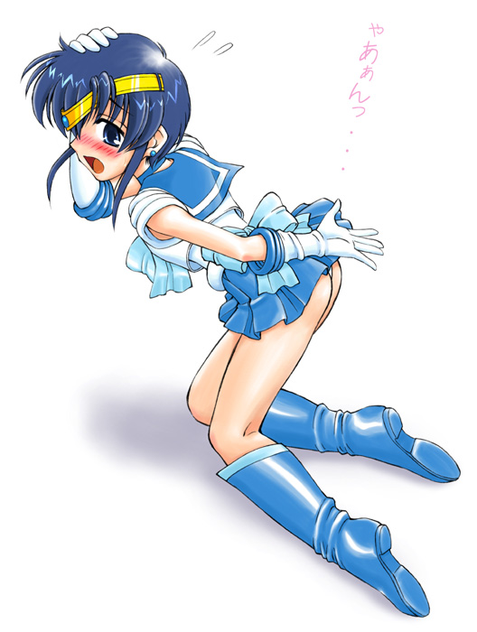 1boy bishoujo_senshi_sailor_moon blue_boots blue_skirt blush boots cosplay full_body knee_boots magical_girl male_focus mizuno_ami mizuno_ami_(cosplay) original sailor_mercury sailor_mercury_(cosplay) simple_background skirt solo source_request spark_utamaro trap white_background