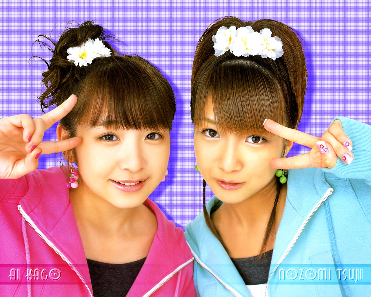 2girls :d asian bangs blunt_bangs brown_eyes brown_hair double_you earrings fingernails flower hair_flower hair_ornament hello!_project hello_project jacket jewelry kago_ai lipstick long_fingernails makeup morning_musume multiple_girls nail_polish open_mouth parted_bangs photo plaid plaid_background ponytail shadow short_hair sidelocks smile tsuji_nozomi unzipped upper_body v v_over_eye w_(double_you) wallpaper